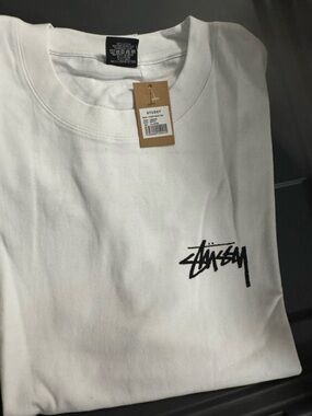 Stussy White Short-Sleeve Tee with Black Script Logo